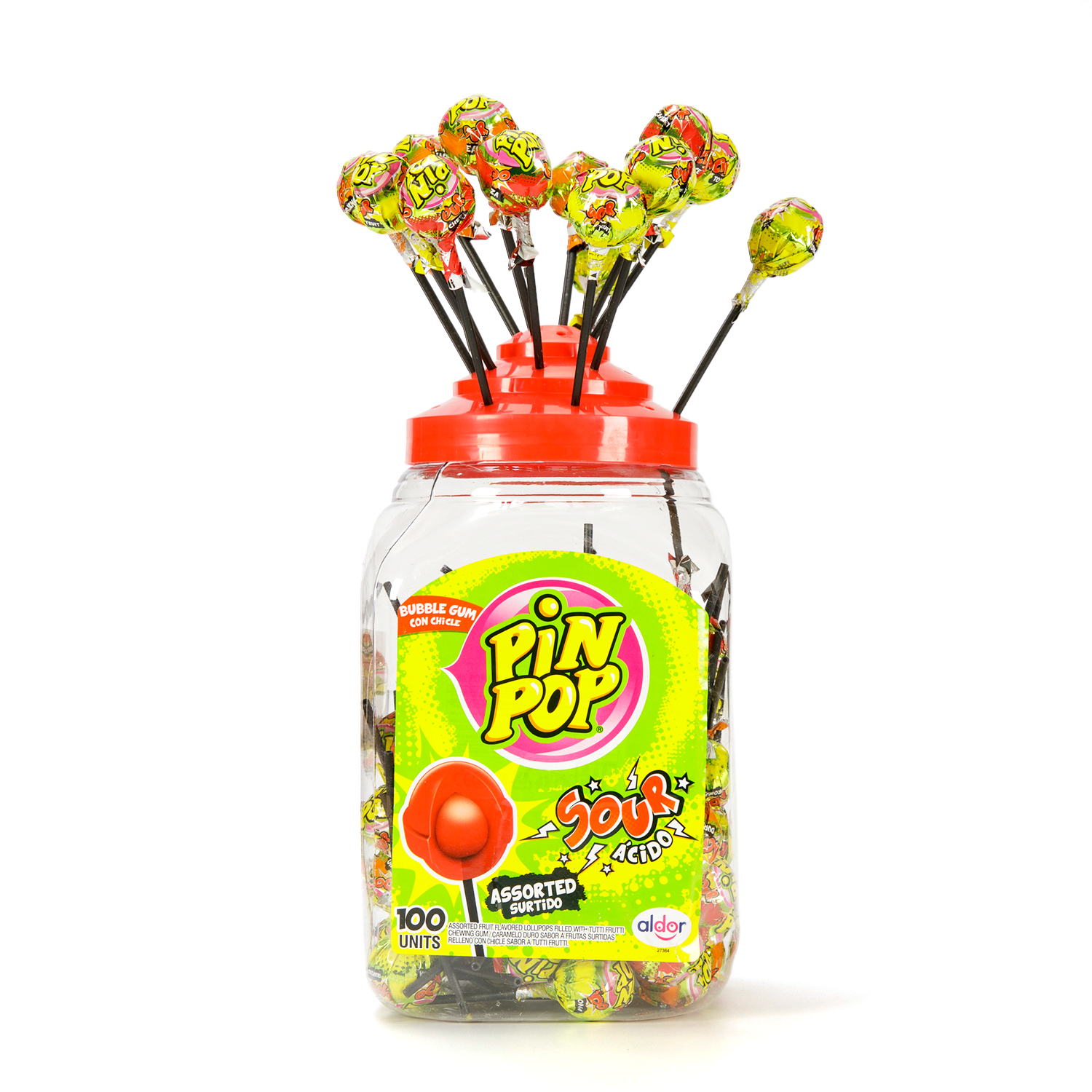 Pin Pop Lollipops Filled with Bubblegum Sour Mix, 100pcs