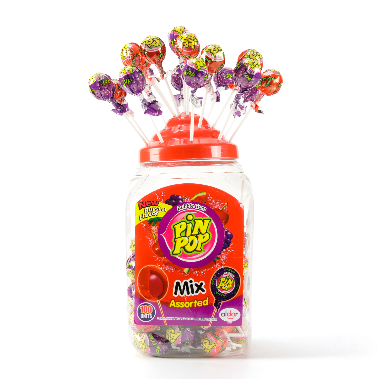 Pin Pop Lollipops Filled with Bubblegum Assorted, 100pcs